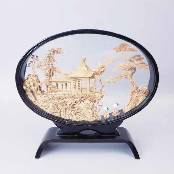 Vintage Chinese Diorama Cork Art Carving Glass Case~Pagoda/Trees/Cranes - Picture 2 of 10